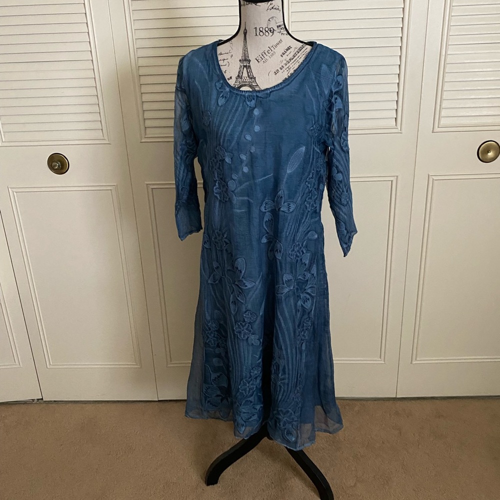 Soft Surroundings Starling Silk Embroidered A-line Dress Mallard Blue NWT